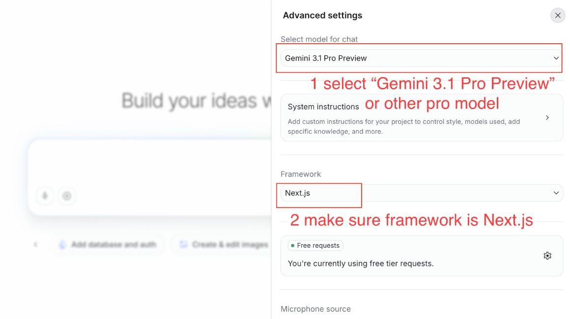 Google AI Studio Build page, model and framework settings Google AI Studio Build page, model and framework settings