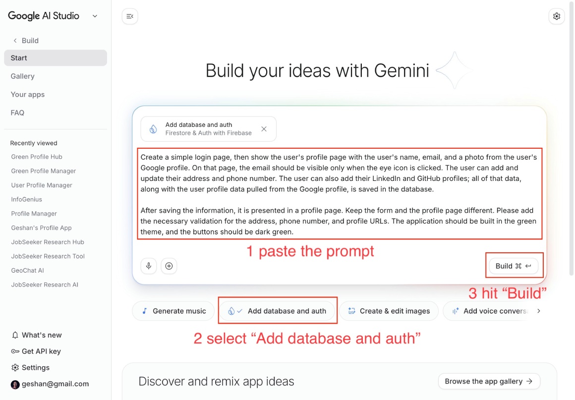Google AI Studio Build page prompt for Google login and simple profile page app Google AI Studio Build page prompt for Google login and simple profile page app