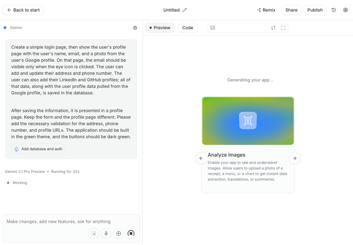 Google AI Studio generating the profile page app Google AI Studio generating the profile page app