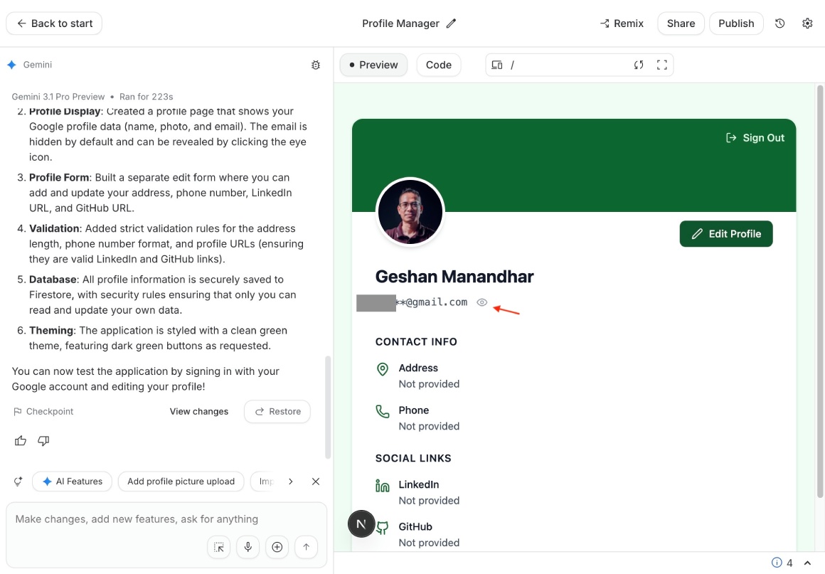 Profile page app generated by Google AI Studio login working Profile page app generated by Google AI Studio login working