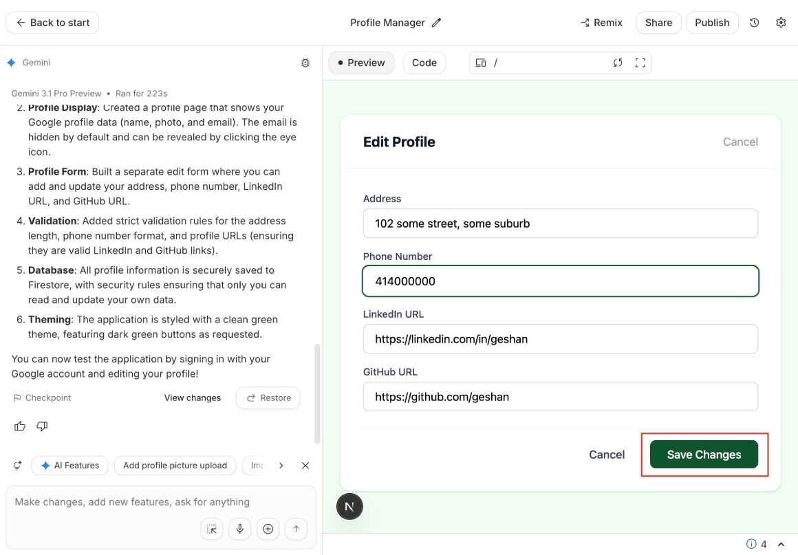 Profile page app generated by Google AI Studio profile form filled Profile page app generated by Google AI Studio profile form filled