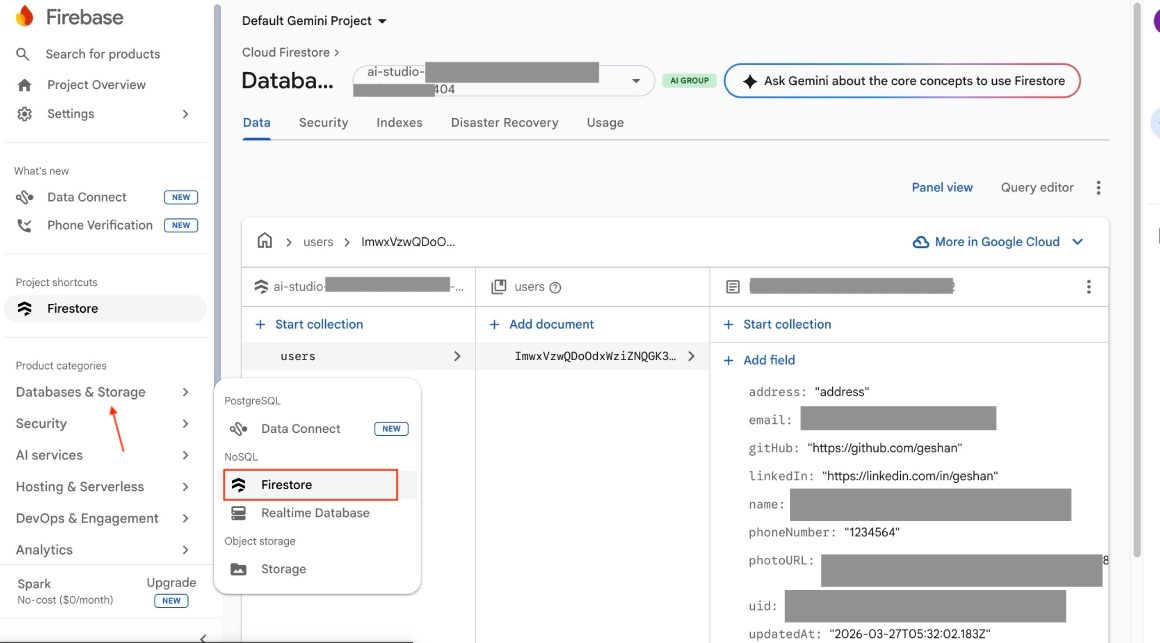 Profile page app generated by Google AI Studio verified that data is saved correctly in Firebase Firestore Profile page app generated by Google AI Studio verified that data is saved correctly in Firebase Firestore