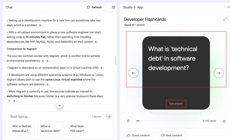 NotebookLM generated flash cards with an answer link
