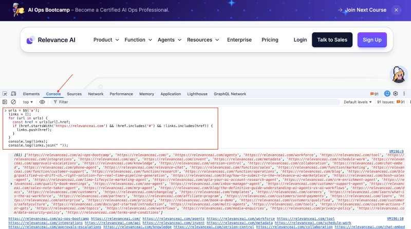 Extract all links from a webpage with client-side JavaScript snippet