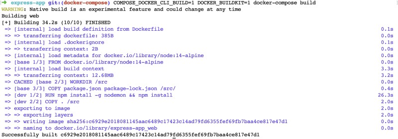Node.js Docker compose build with build kit Ouptut of docker bulid with multi-stage docker file using buildkit