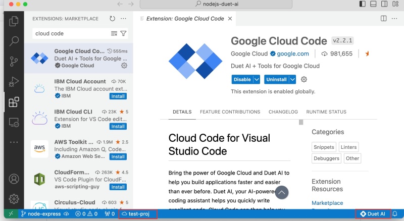 Duet AI (Cloud Code) installed on VS Code Duet AI (Cloud Code) installed on VS Code