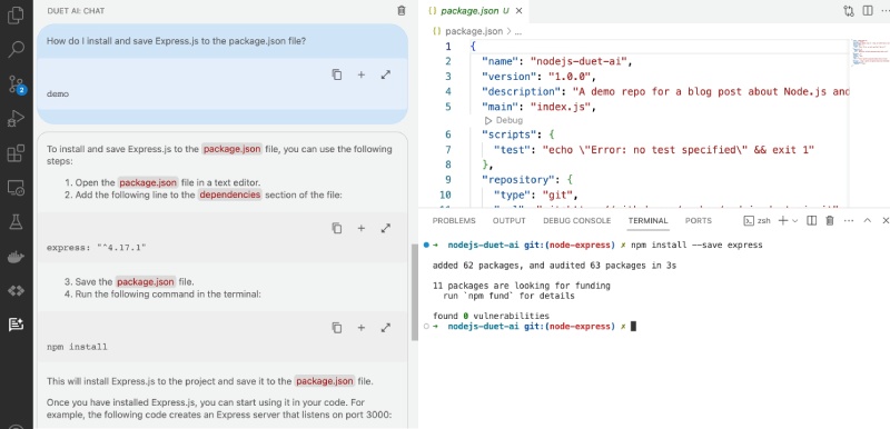 Duet AI (Cloud Code) on VS Code helping to add Express.js to a Node.js project Duet AI (Cloud Code) on VS Code helping to add Express.js to a Node.js project