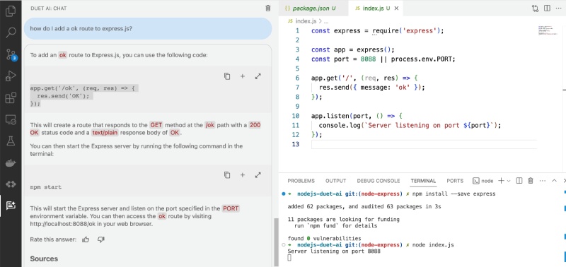 Duet AI (Cloud Code) on VS Code helping to add Express.js route Duet AI (Cloud Code) on VS Code helping to add Express.js route