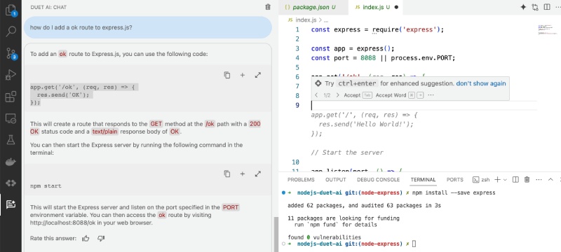 Duet AI (Cloud Code) on VS Code suggesting a new route Duet AI (Cloud Code) on VS Code suggesting a new route