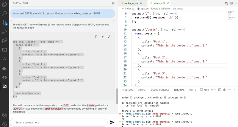 Duet AI (Cloud Code) on VS Code suggesting a new route with JSON response for posts Duet AI (Cloud Code) on VS Code suggesting a new route with JSON response for posts