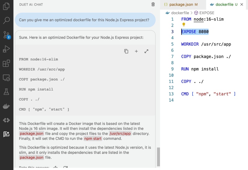 Duet AI suggesting a Dockerfile for a Node.js app Duet AI suggesting a Dockerfile for a Node.js app