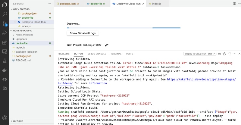 Duet AI deploying Node.js service to Cloud Run logs Duet AI deploying Node.js service to Cloud Run logs