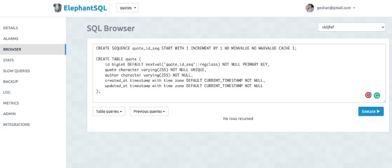 Create Quotes table on Elephant SQL interface