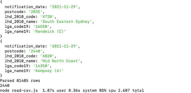 Read CSV file with Node.js using Fast CSV