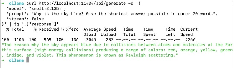 Output of calling the ollama generate API endpoint with cURL and jq Output of calling the ollama generate API endpoint with cURL and jq
