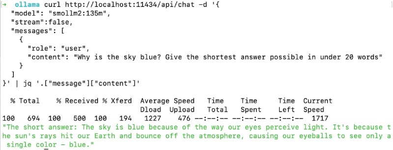 Output of calling the ollama chat API endpoint with cURL and jq Output of calling the ollama chat API endpoint with cURL and jq