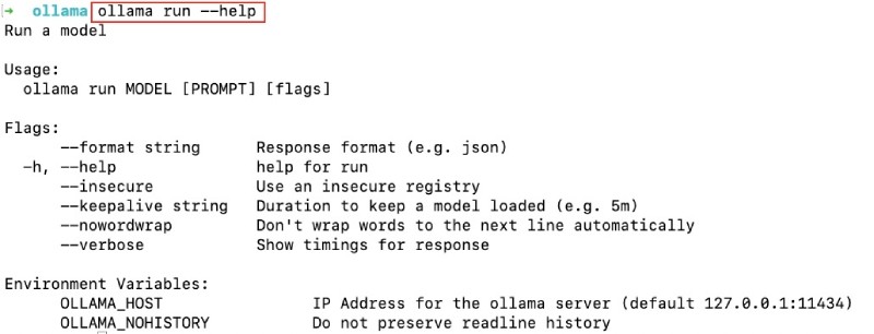 Output of ollama run --help showing available flags and environment variables