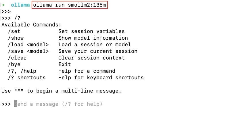 Output of ollama run smollm2:135m on the CLI when the model is already downloaded