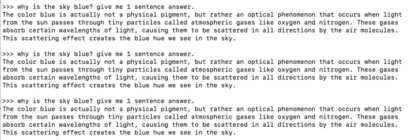 Output of asking why the sky is blue, same answer as the temperature is only 0.2