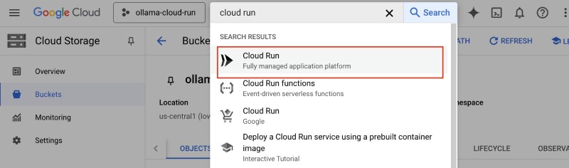Serach for cloud run on the GCP console search bar Serach for cloud run on the GCP console search bar