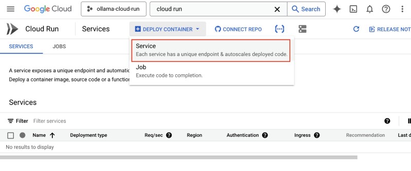 Add a cloud run service on the Cloud Run service listing page Add a cloud run service on the Cloud Run service listing page
