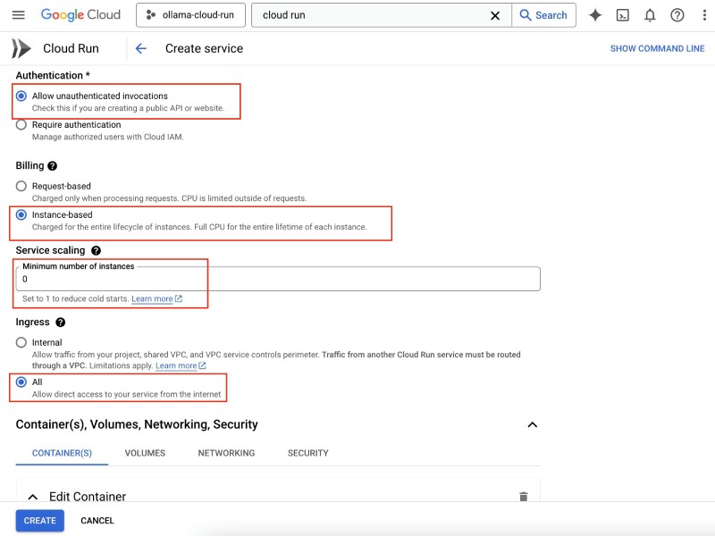 Select instance based billing, set minimum instances to 0 and ingress to All Select instance based billing, set minimum instances to 0 and ingress to All