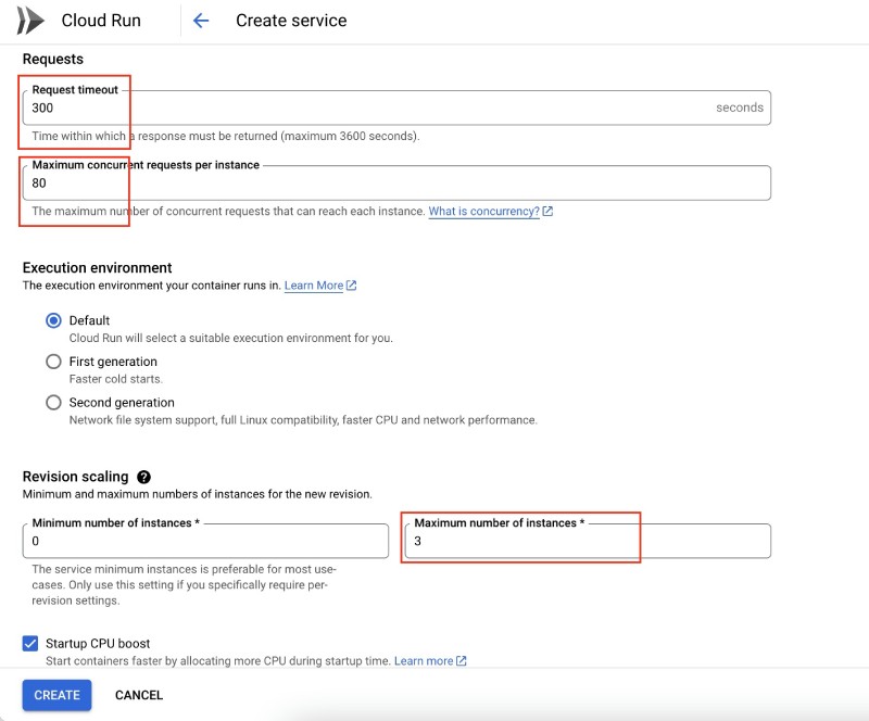Set Port for Cloud Run timeout, max concurrency and min and max number of instances Set Port for Cloud Run timeout, max concurrency and min and max number of instances