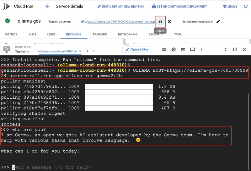 Use Gemma 2 2B params with Ollama installed on Google Cloud Console Use Gemma 2 2B params with Ollama installed on Google Cloud Console