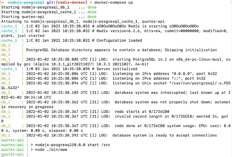 Run Redis with docker-compose including Node.js and Postgres - output Run Redis with docker-compose including Node.js and Postgres - output