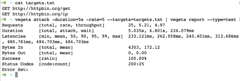 Vegeta load testing with multiple GET URLs output Text output of multiple GET URLs with Vegeta