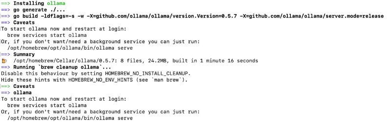 Final successful output of brew install ollama on a Mac Final successful output of brew install ollama on a Mac