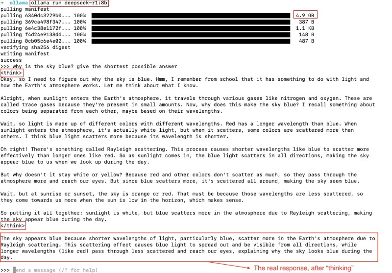 Running Deepseek R1 8 billion parameters model (4.9 GB) with Ollama Running Deepseek R1 8 billion parameters model (4.9 GB) with Ollama