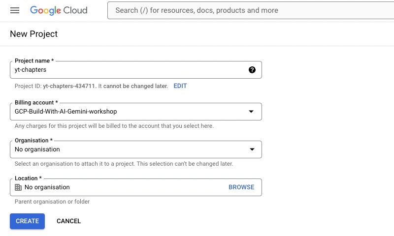 Create a new GCP project for YouTube video chapters' timings generator using Gemini over Vertex AI How to create a YouTube video chapters' timings generator using Gemini over Vertex AI