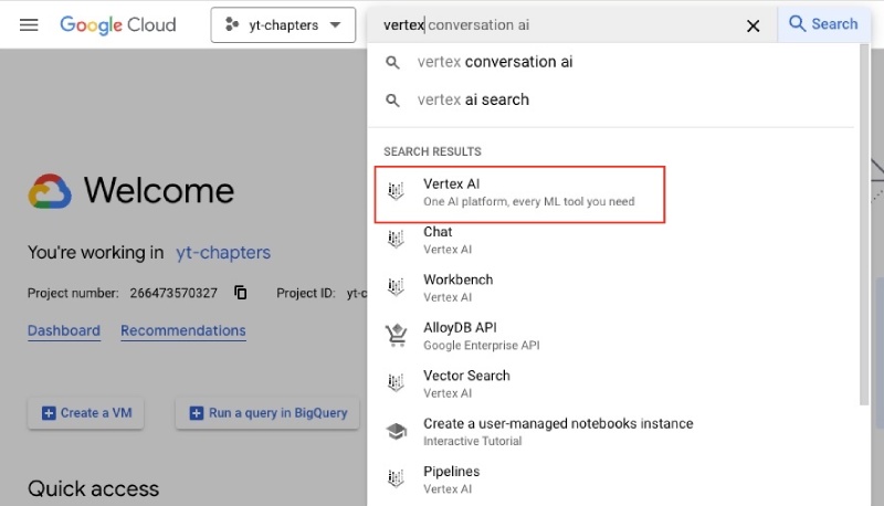 Search for vertex and click Vertex AI Search for vertex and click Vertex AI