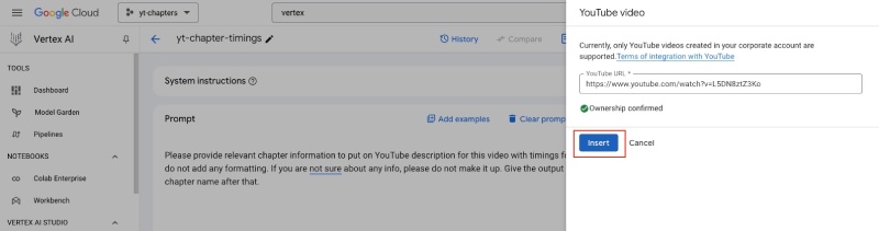 Insert YouTube video with Vertex AI to use with Gemini Insert YouTube video with Vertex AI to use with Gemini