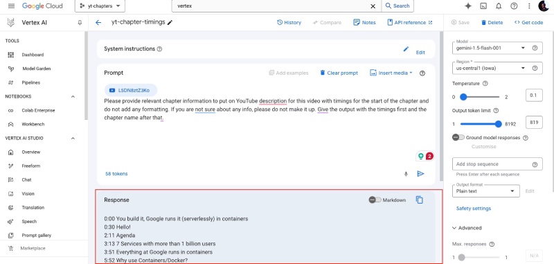 Prompt on Vertex AI with Gemini Flash worked to generate YouTube Video chapters' timings Prompt on Vertex AI with Gemini Flash worked to generate YouTube Video chapters' timings