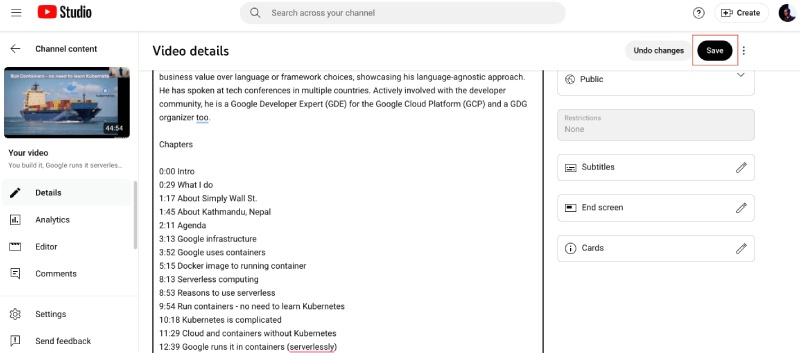 Update video description on YouTube Studio with chapters' timings information Update video description on YouTube Studio with chapters' timings information